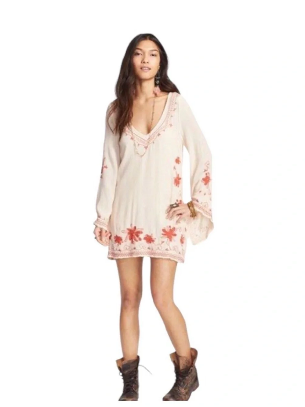 Free People Cream Swim Coverup Tunic with Coral Embroidery